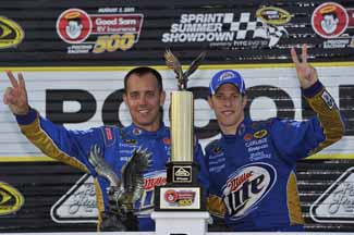 Brad Keselowski and Paul Wolfe celebrate the No. 2 team’s tough win at Pocono in 2011.